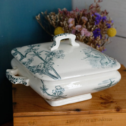 Service Ceriser Creil et Montereau (CM) Terre de Fer French Antique Square Ironstone Green Transferware Vegetable Dish Légumière Terre de Fer