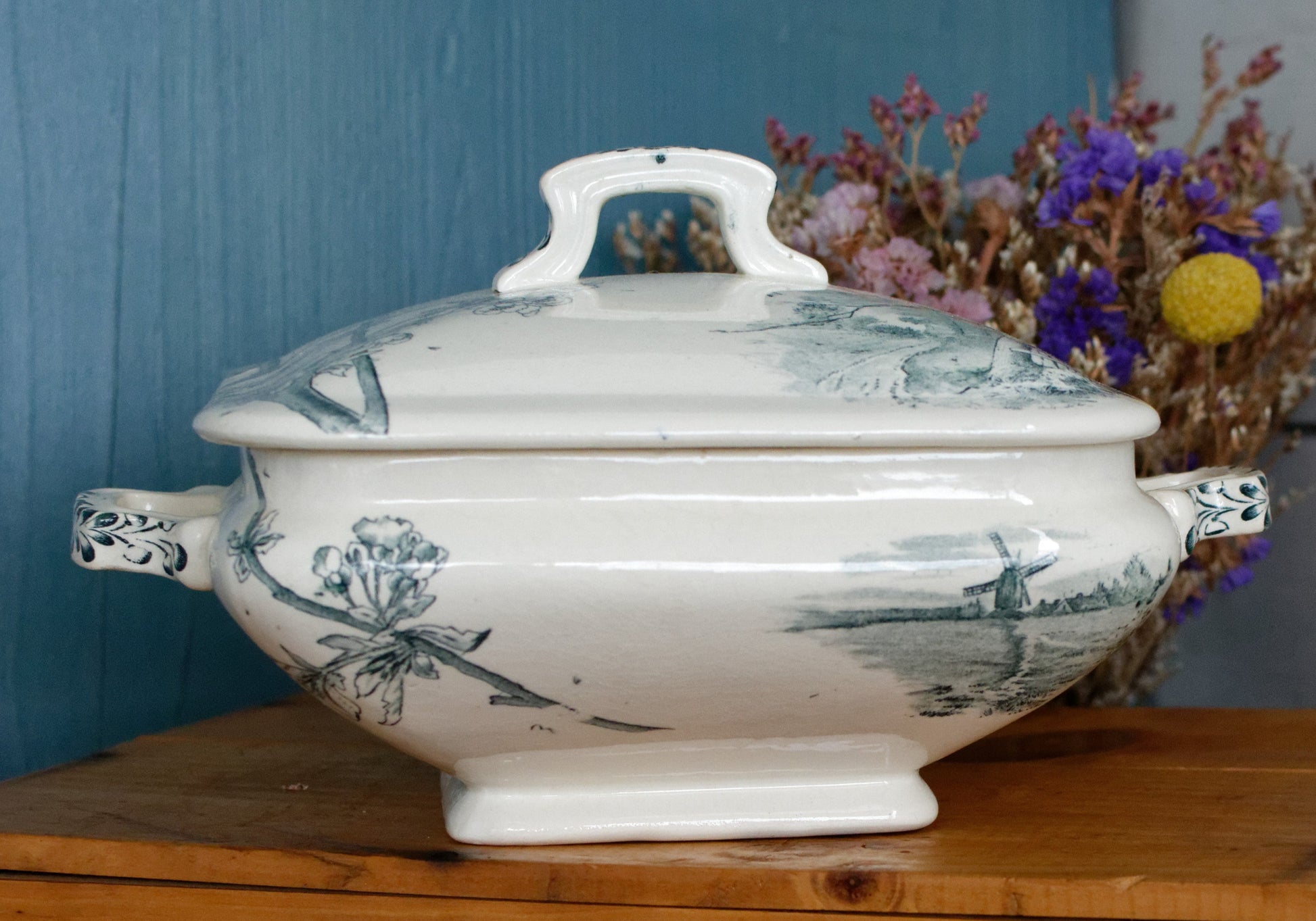 Service Ceriser Creil et Montereau (CM) Terre de Fer French Antique Square Ironstone Green Transferware Vegetable Dish Légumière Terre de Fer