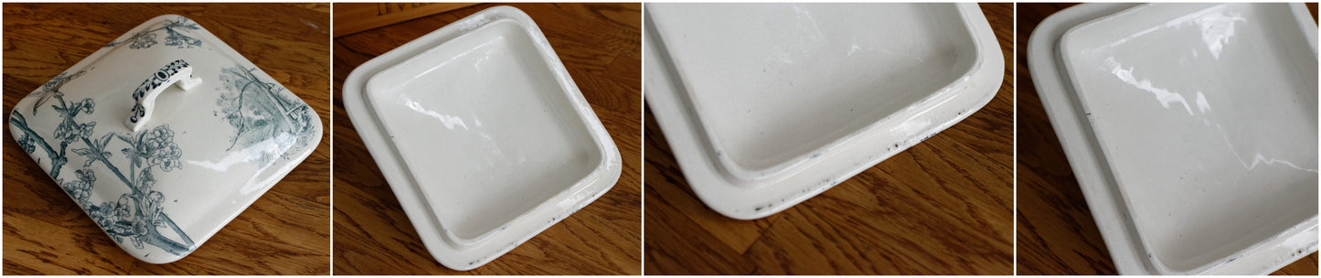 Service Ceriser Creil et Montereau (CM) Terre de Fer French Antique Square Ironstone Green Transferware Vegetable Dish Légumière Terre de Fer