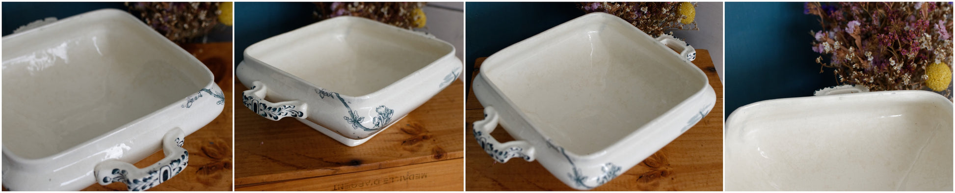 Service Ceriser Creil et Montereau (CM) Terre de Fer French Antique Square Ironstone Green Transferware Vegetable Dish Légumière Terre de Fer