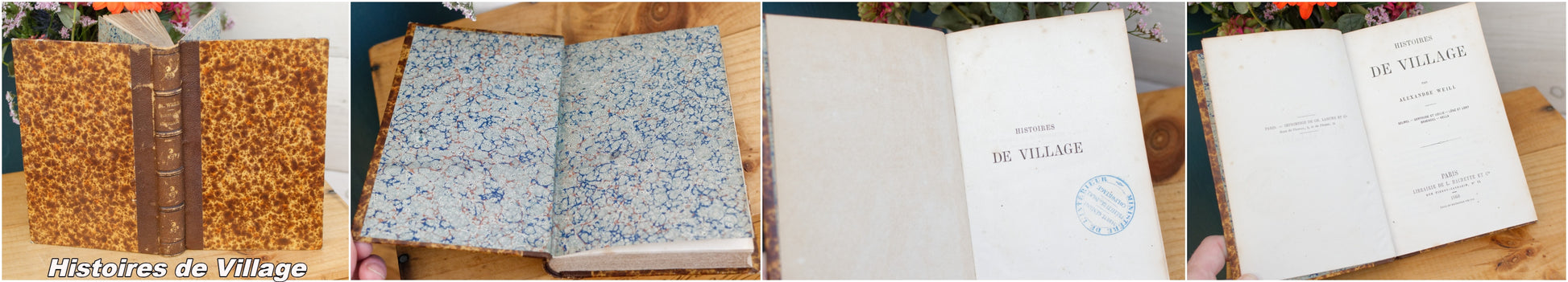 French Antique Hardcover Leather Bound Brown Book Novel "Livre Roman".  Histoires de Village Alexandre WEILL. La Reine des Epees Paul FEVAL. Histoire d'un Bouton Piotre ARTAMOV. Perdue et Retrouvee Ernest SERRET