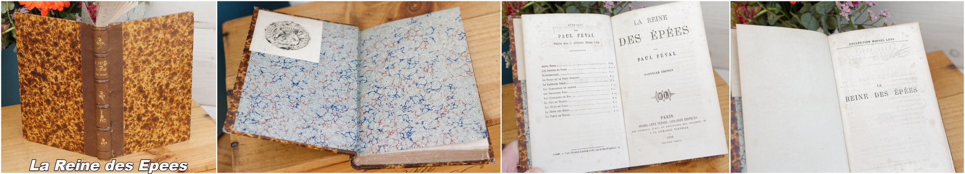 French Antique Hardcover Leather Bound Brown Book Novel "Livre Roman".  Histoires de Village Alexandre WEILL. La Reine des Epees Paul FEVAL. Histoire d'un Bouton Piotre ARTAMOV. Perdue et Retrouvee Ernest SERRET