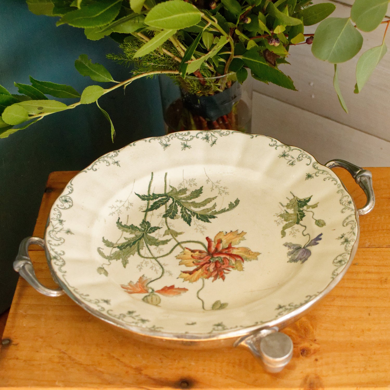 1860s Silver Plated Warmer CHOISY-Le-ROI (HB & cie) PAVOT French Antique Silver Polychrome Ironstone Plate Warmer Assiette Chauffante en Faïence