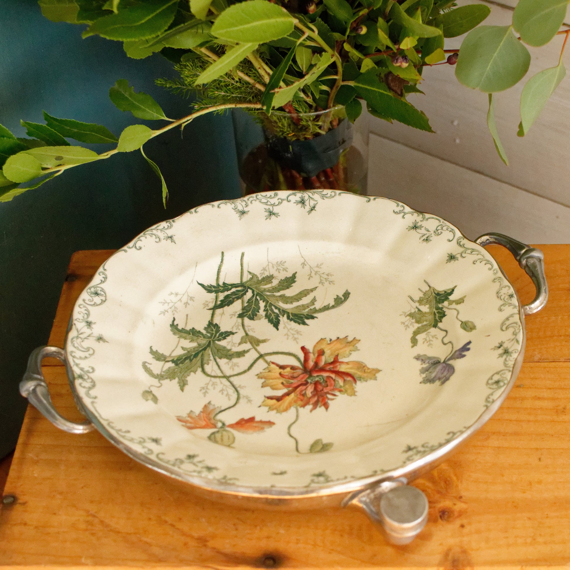 1860s Silver Plated Warmer CHOISY-Le-ROI (HB & cie) PAVOT French Antique Silver Polychrome Ironstone Plate Warmer Assiette Chauffante en Faïence