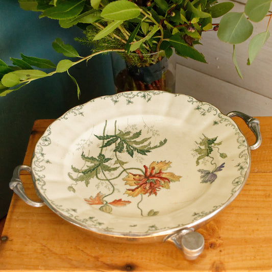 1860s Silver Plated Warmer CHOISY-Le-ROI (HB & cie) PAVOT French Antique Silver Polychrome Ironstone Plate Warmer Assiette Chauffante en Faïence