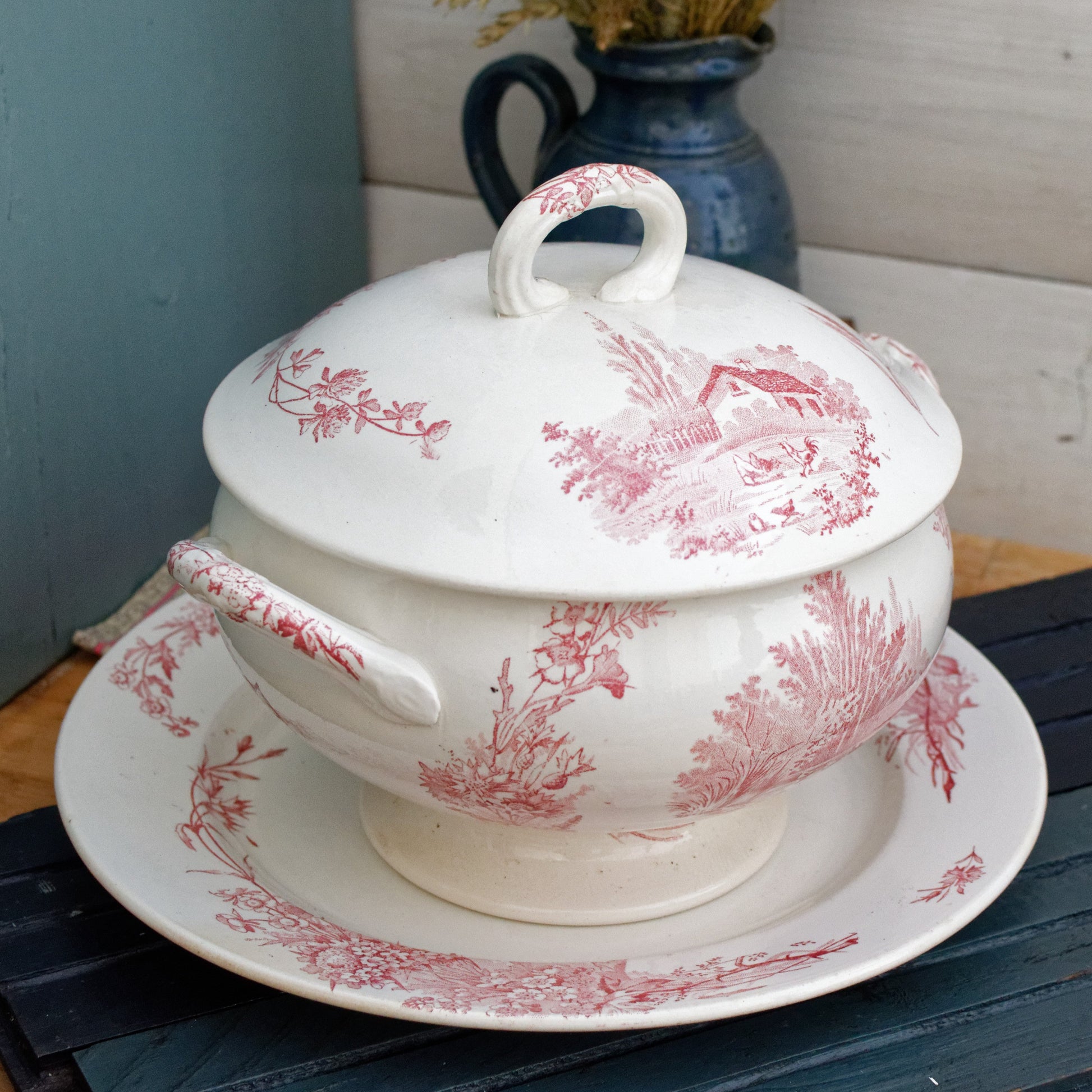 French Ironstone Red Transferware Soup Tureen Soupiere & Serving Plate Champetre FF (Fenal  Frères) PEXONNE Terre de Fer