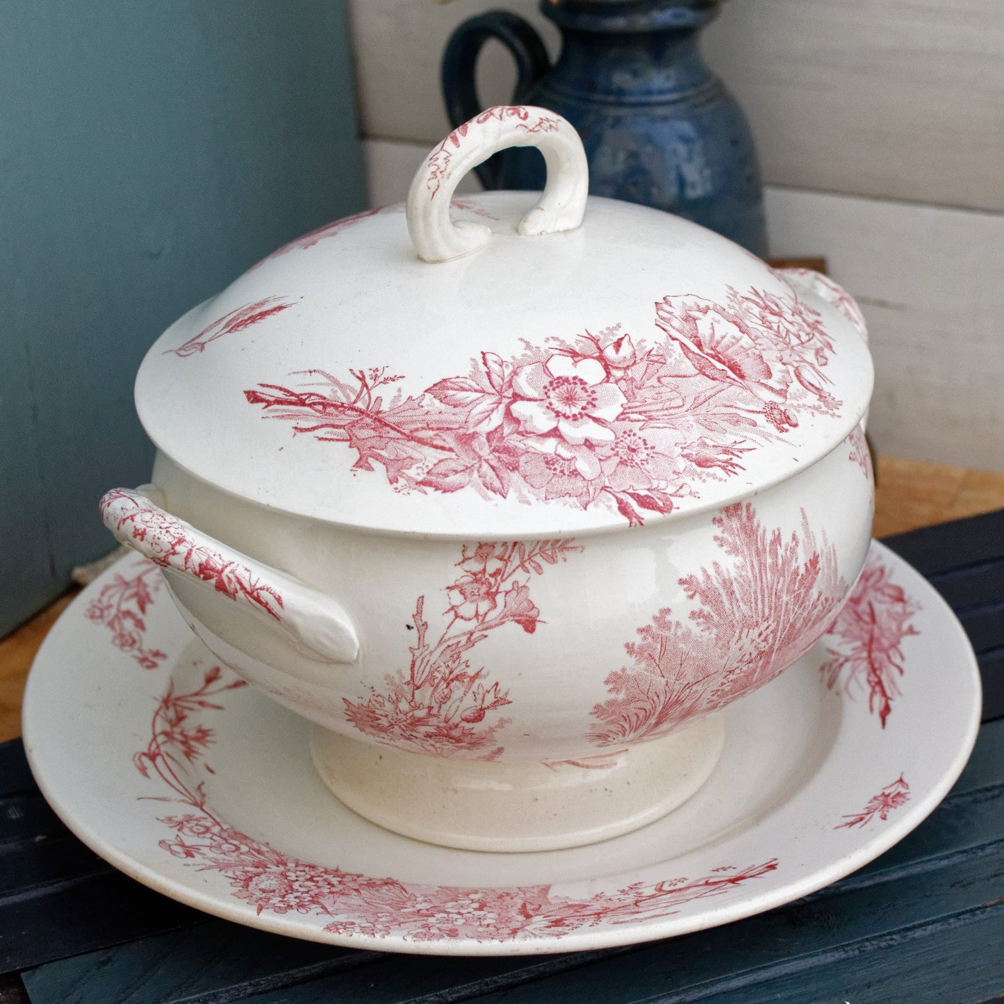 French Ironstone Red Transferware Soup Tureen Soupiere & Serving Plate Champetre FF (Fenal  Frères) PEXONNE Terre de Fer