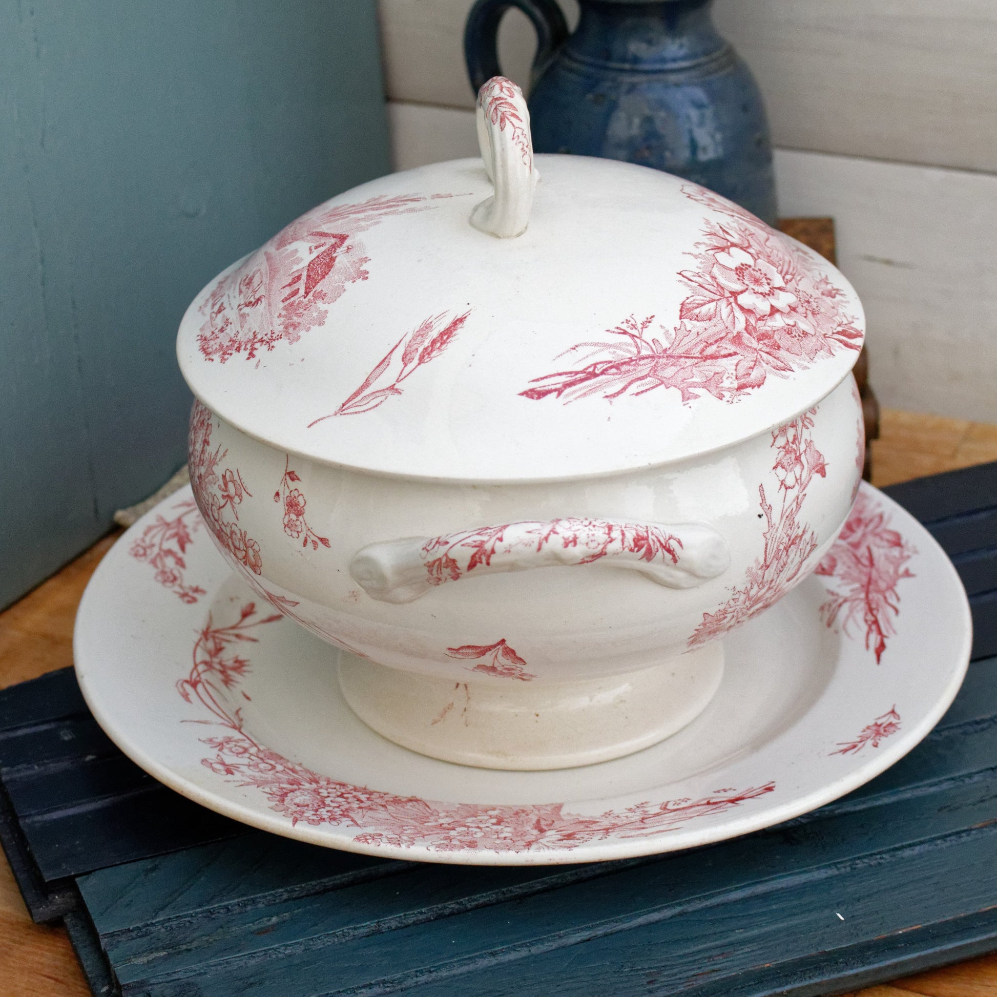 French Ironstone Red Transferware Soup Tureen Soupiere & Serving Plate Champetre FF (Fenal  Frères) PEXONNE Terre de Fer