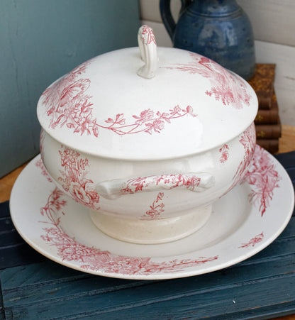 French Ironstone Red Transferware Soup Tureen Soupiere & Serving Plate Champetre FF (Fenal  Frères) PEXONNE Terre de Fer