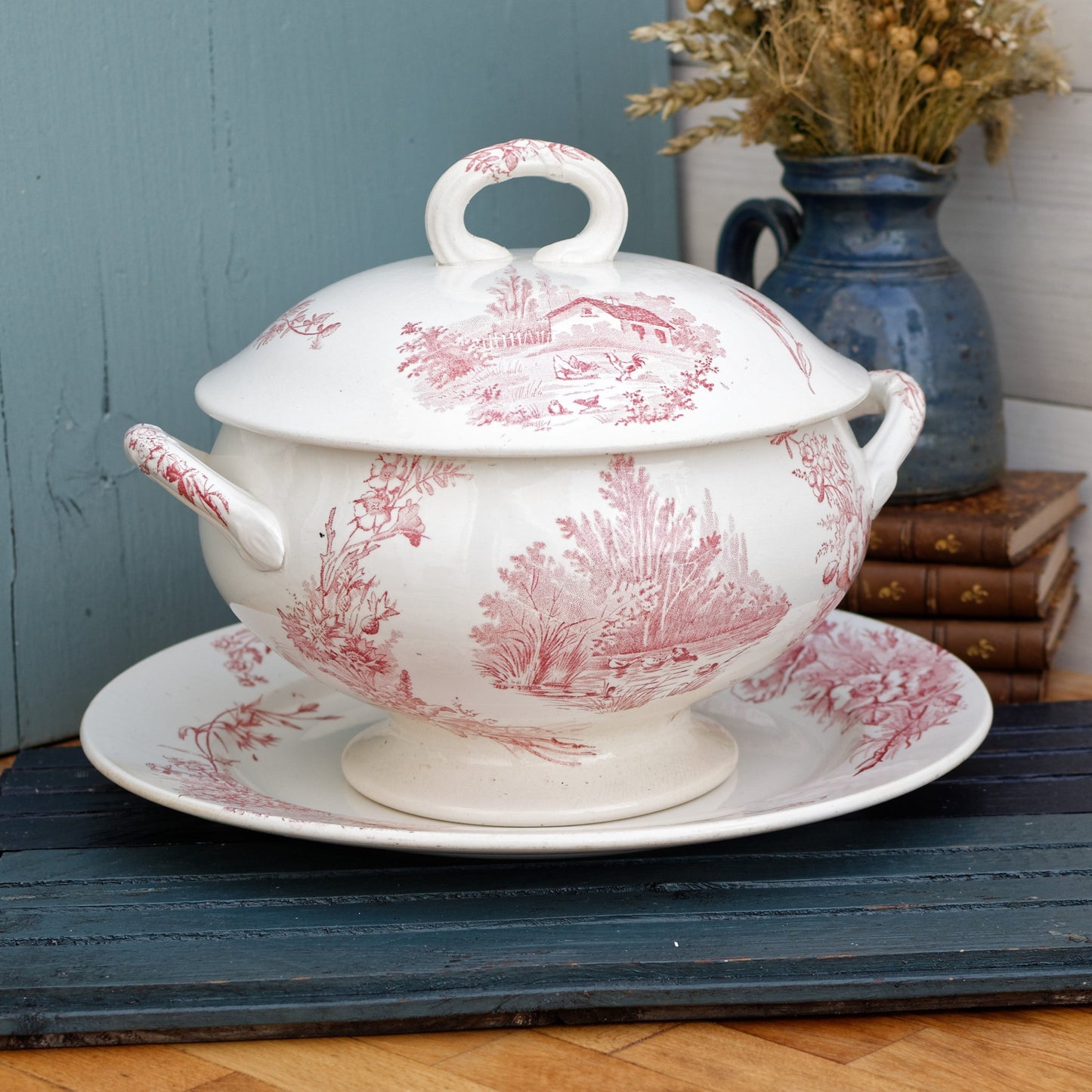 French Ironstone Red Transferware Soup Tureen Soupiere & Serving Plate Champetre FF (Fenal  Frères) PEXONNE Terre de Fer