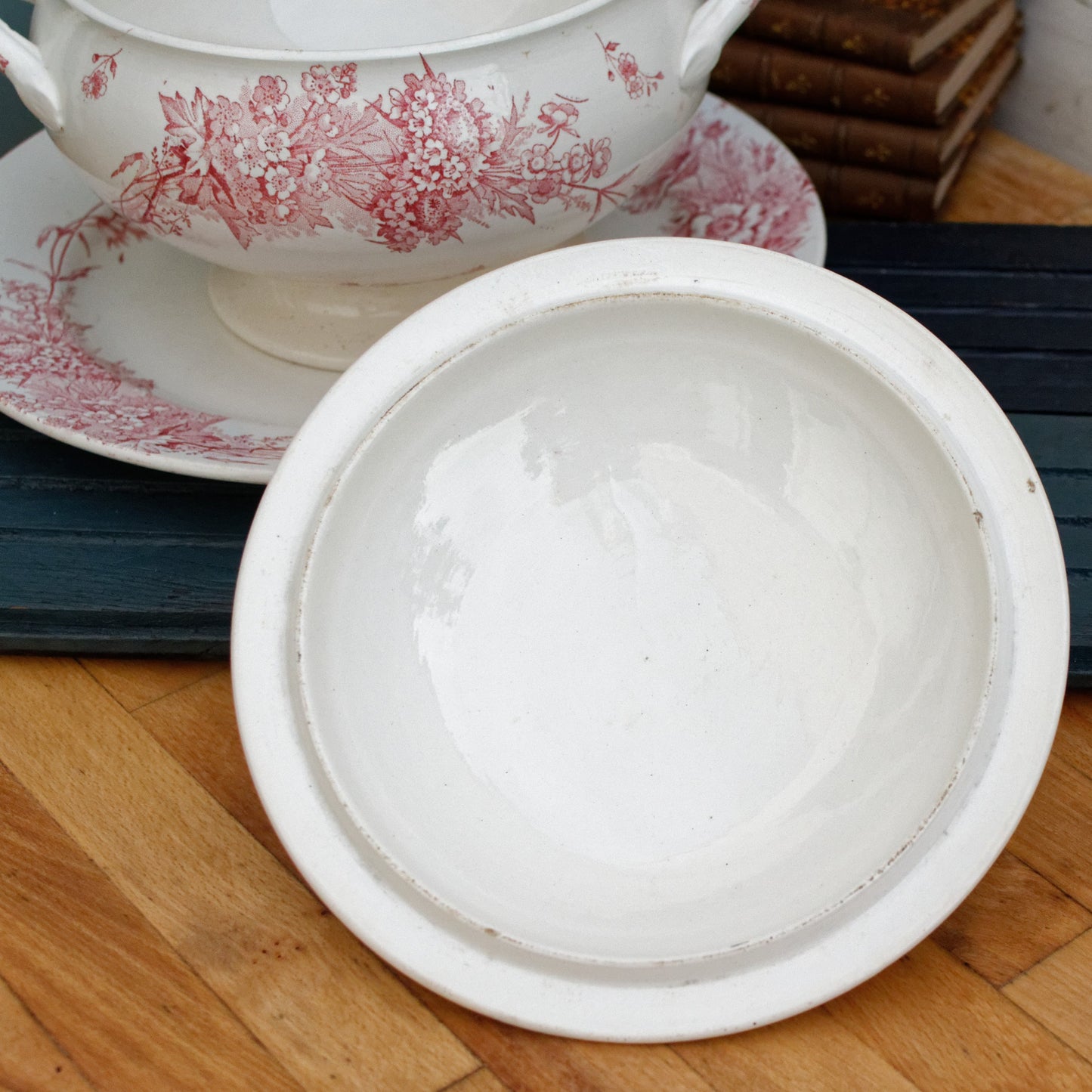 French Ironstone Red Transferware Soup Tureen Soupiere & Serving Plate Champetre FF (Fenal  Frères) PEXONNE Terre de Fer