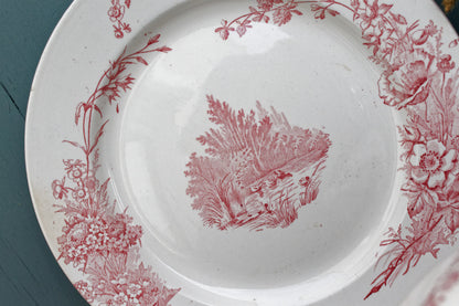 French Ironstone Red Transferware Soup Tureen Soupiere & Serving Plate Champetre FF (Fenal  Frères) PEXONNE Terre de Fer