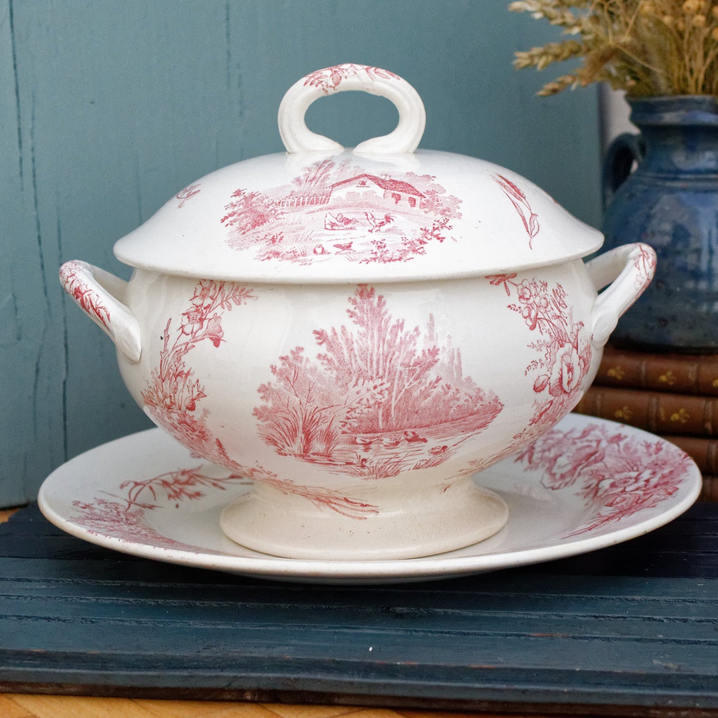 French Ironstone Red Transferware Soup Tureen Soupiere & Serving Plate Champetre FF (Fenal  Frères) PEXONNE Terre de Fer