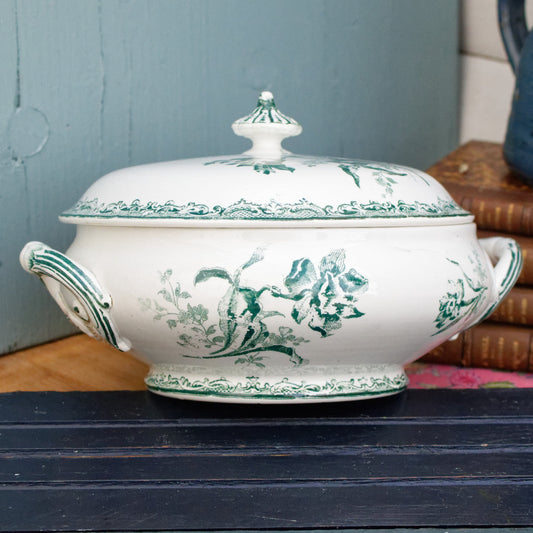 French Ironstone Green Transferware Soup Tureen Soupiere Fontagnes style digoin et sarreguemines terre de fer