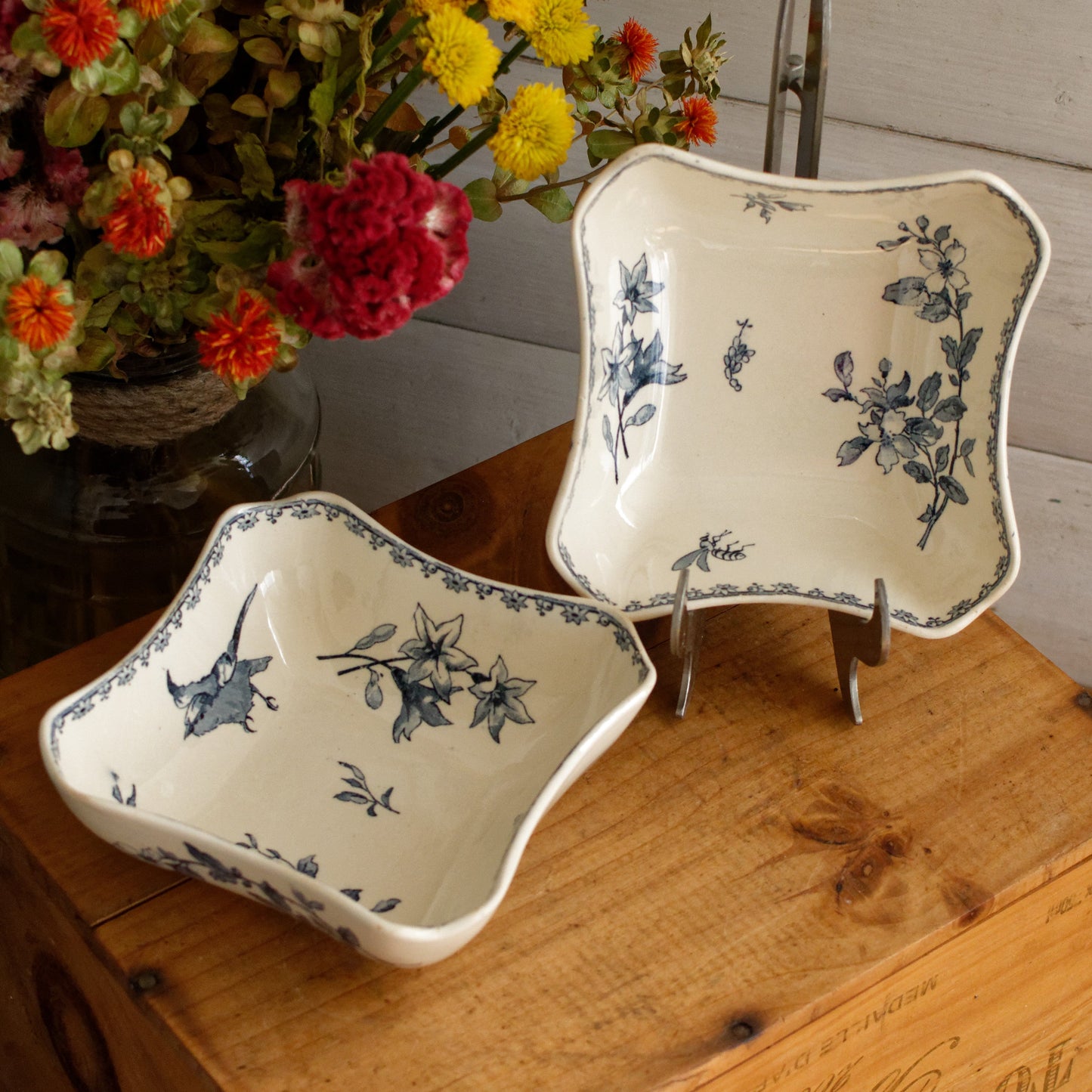 FAVORI Motif Sarreguemines U&C French Antique Ironstone Blue Transferware Small Set of 2 Square Bowl Faience Terre de Fer