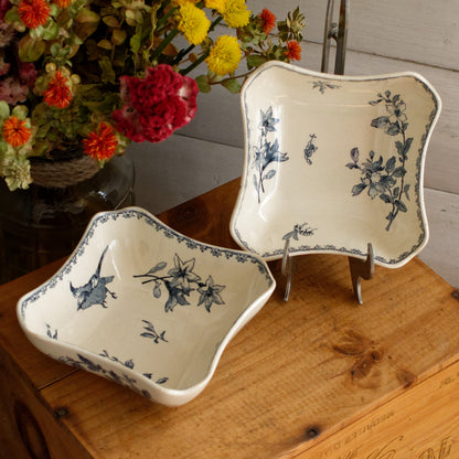 FAVORI Motif Sarreguemines U&C French Antique Ironstone Blue Transferware Small Set of 2 Square Bowl Faience Terre de Fer