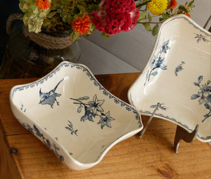 FAVORI Motif Sarreguemines U&C French Antique Ironstone Blue Transferware Small Set of 2 Square Bowl Faience Terre de Fer