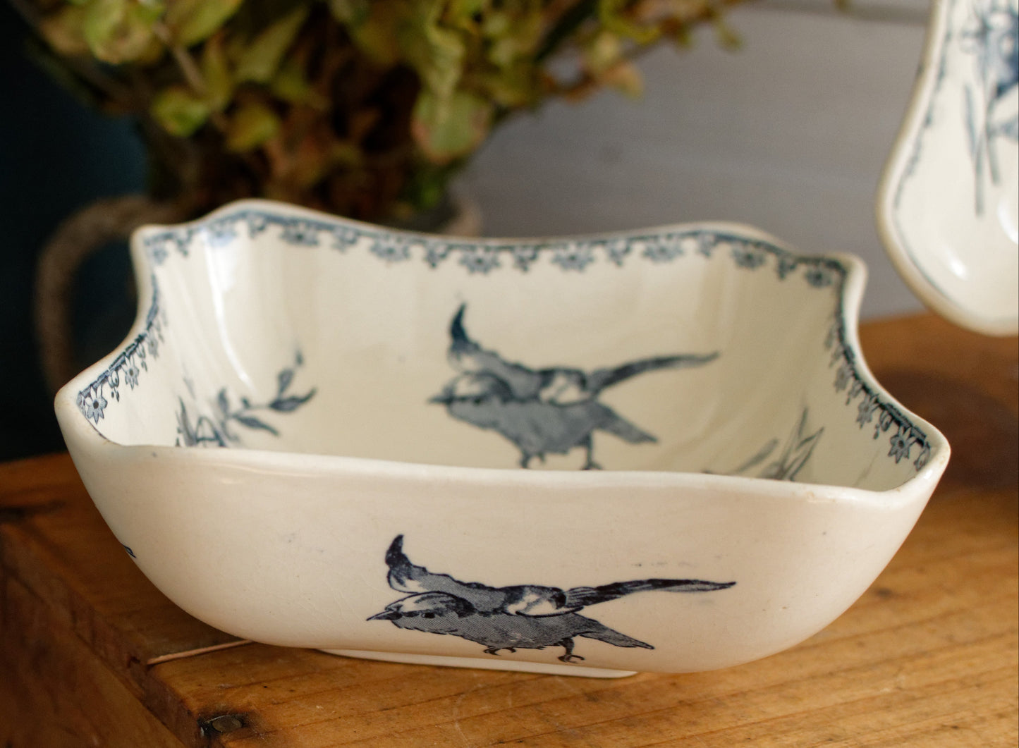 1920s ~ FAVORI Sarreguemines U&C ~ French Antique Ironstone Blue Transferware Small Set of 2 Square Bowl ~ Faience Terre de Fer
