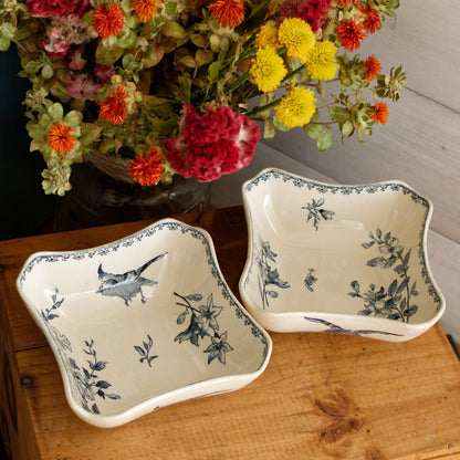 FAVORI Motif Sarreguemines U&C French Antique Ironstone Blue Transferware Small Set of 2 Square Bowl Faience Terre de Fer