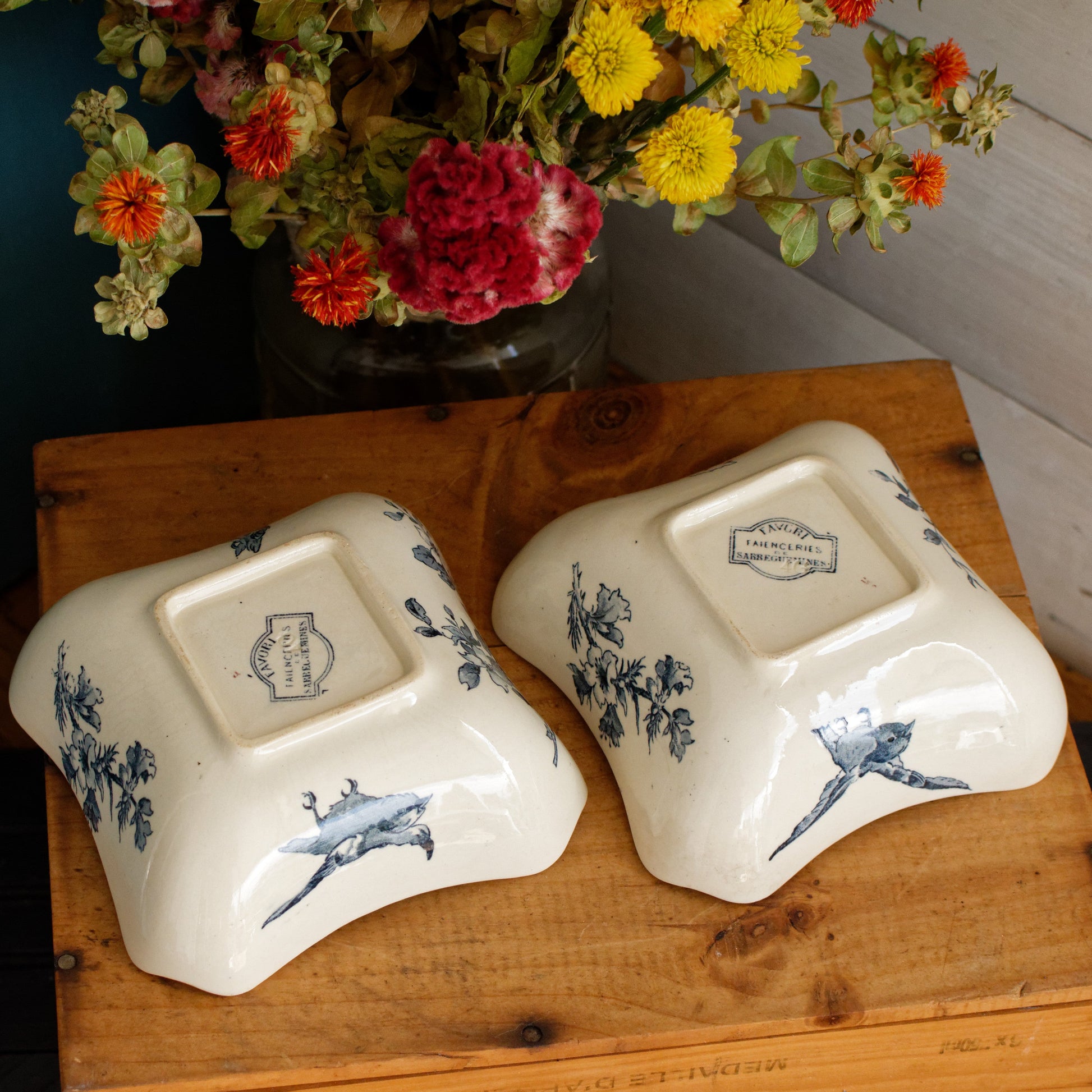 FAVORI Motif Sarreguemines U&C French Antique Ironstone Blue Transferware Small Set of 2 Square Bowl Faience Terre de Fer