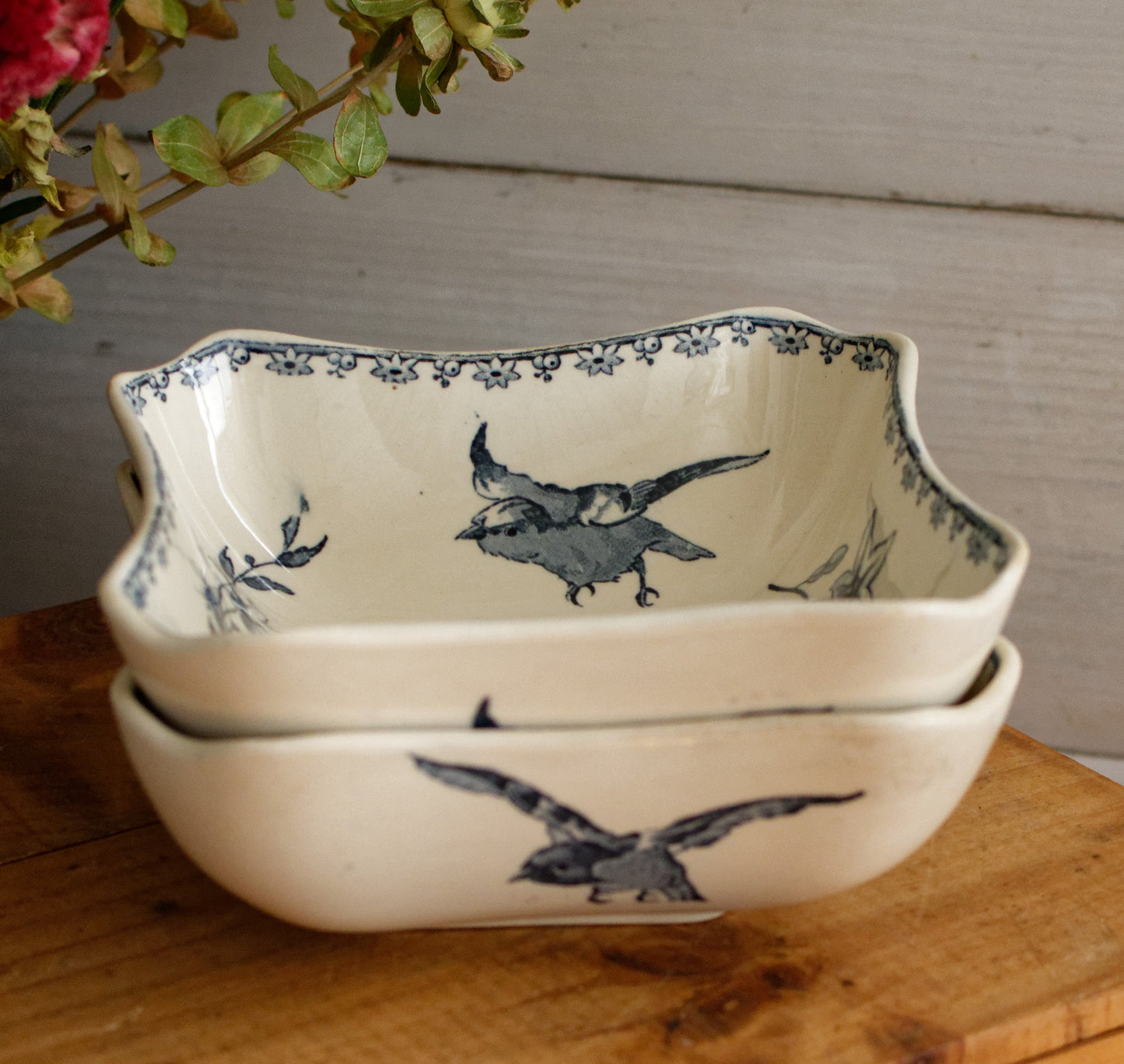 FAVORI Motif Sarreguemines U&C French Antique Ironstone Blue Transferware Small Set of 2 Square Bowl Faience Terre de Fer