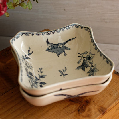 FAVORI Motif Sarreguemines U&C French Antique Ironstone Blue Transferware Small Set of 2 Square Bowl Faience Terre de Fer