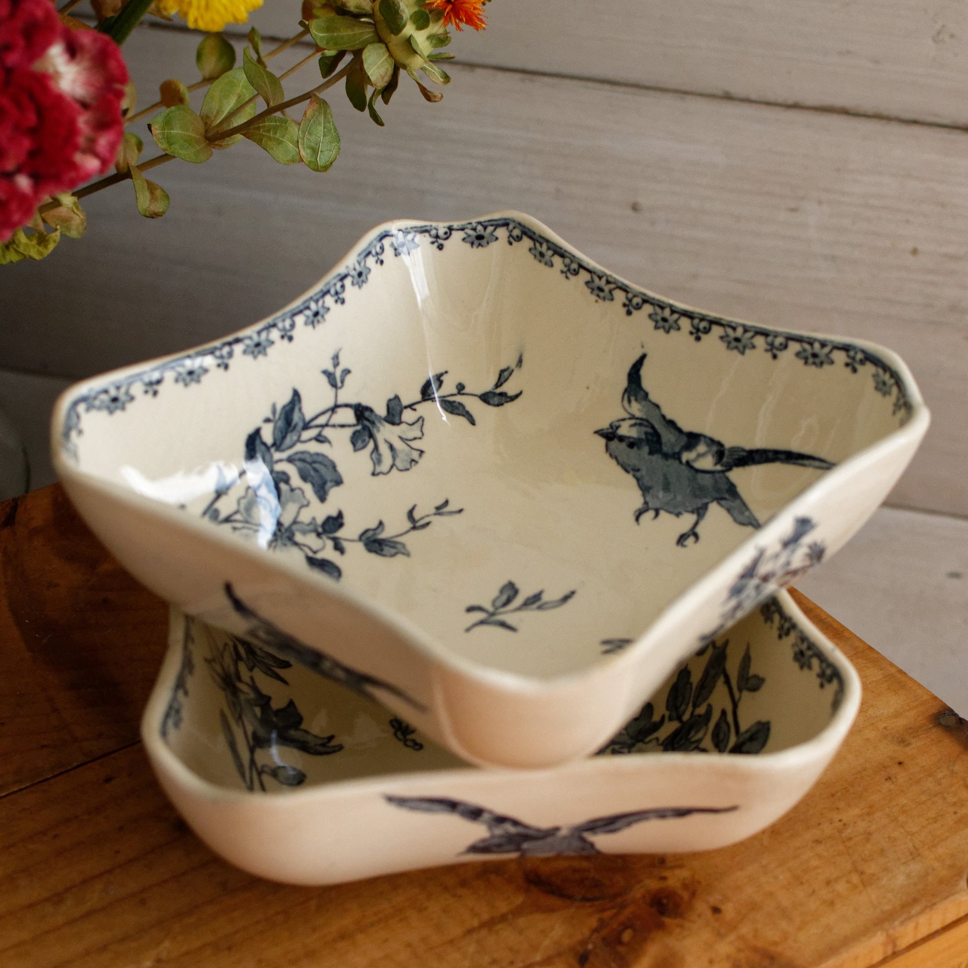 FAVORI Motif Sarreguemines U&C French Antique Ironstone Blue Transferware Small Set of 2 Square Bowl Faience Terre de Fer
