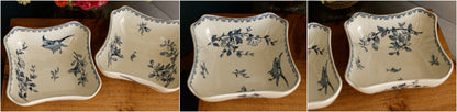 FAVORI Motif Sarreguemines U&C French Antique Ironstone Blue Transferware Small Set of 2 Square Bowl Faience Terre de Fer