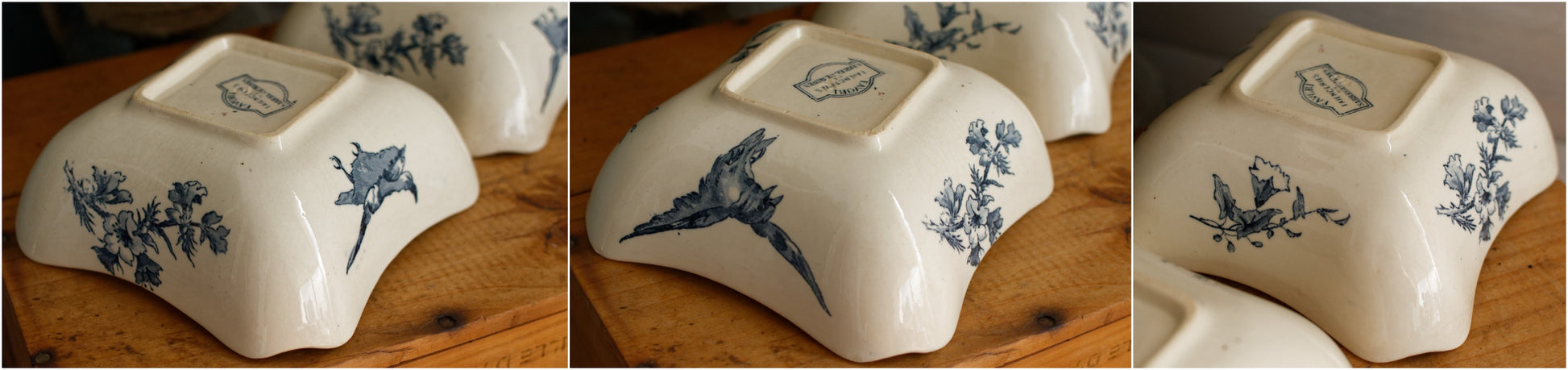 FAVORI Motif Sarreguemines U&C French Antique Ironstone Blue Transferware Small Set of 2 Square Bowl Faience Terre de Fer