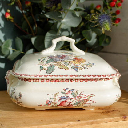 1800s Jules Vieillard JV Service Fleuri French Antique Ironstone Vegetable Dish Soup Tureen terre de fer