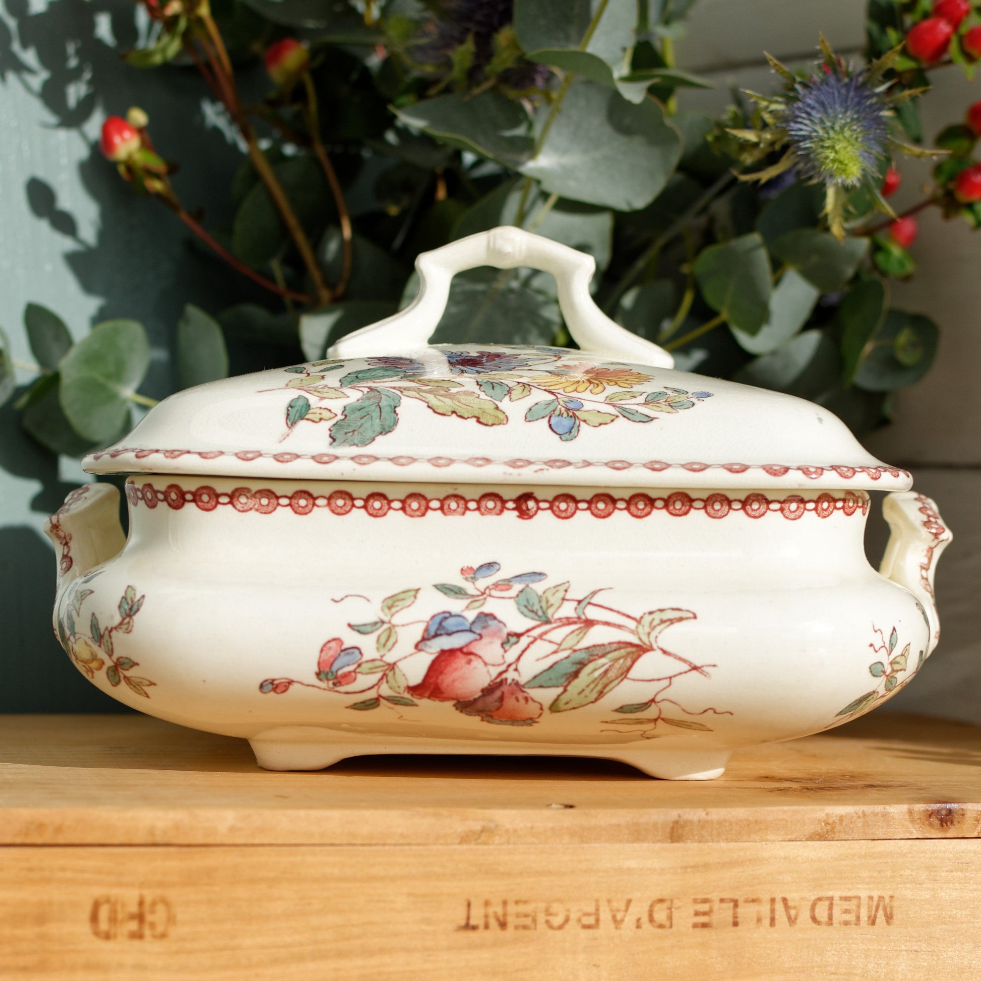 1800s Jules Vieillard JV Service Fleuri French Antique Ironstone Vegetable Dish Soup Tureen terre de fer