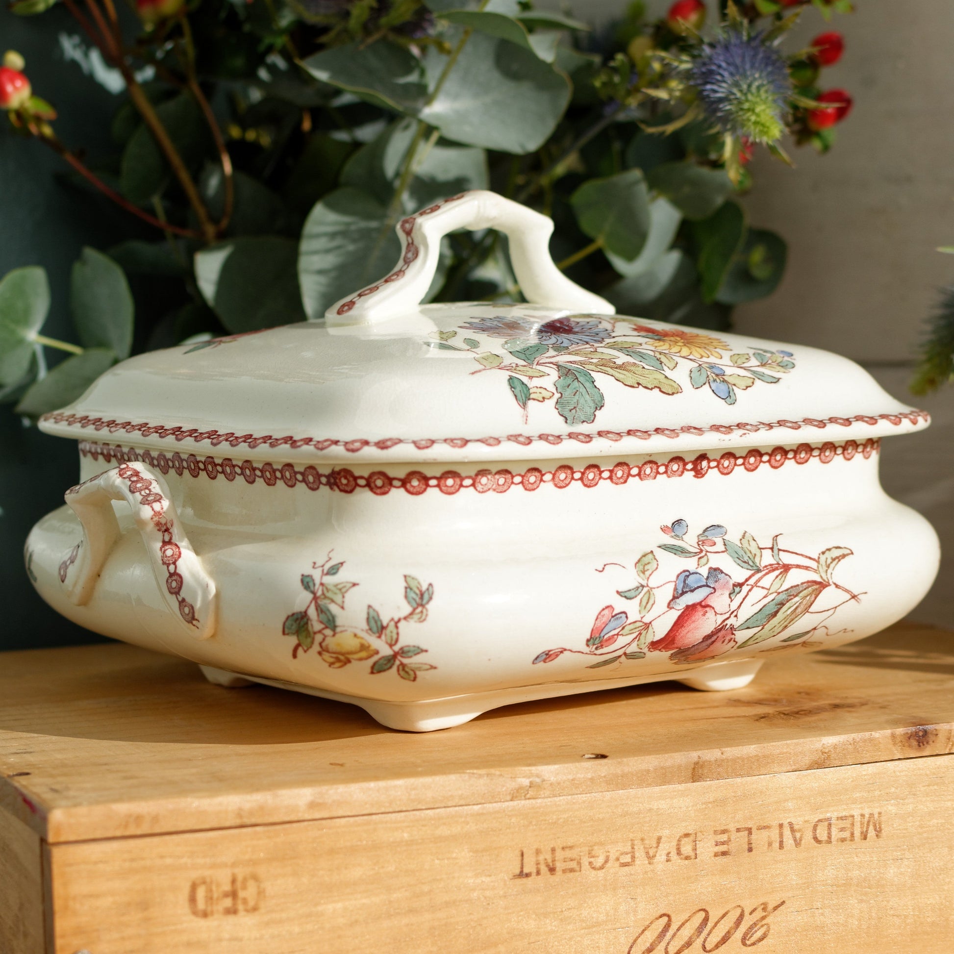 1800s Jules Vieillard JV Service Fleuri French Antique Ironstone Vegetable Dish Soup Tureen terre de fer