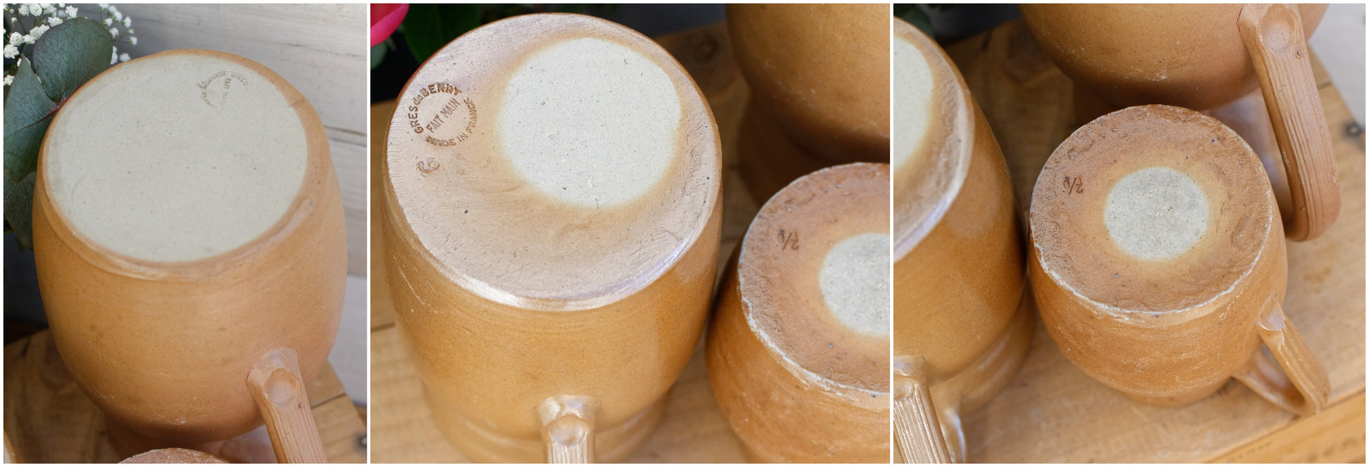 1960s GRES du BERRY Fait Maison Made in France French Vintage Stoneware Clay Pitcher Set of 3 Glazed Sandstone Stoneware Handmade TerraCotta Jug Jarre Cruche Farmhouse Decor