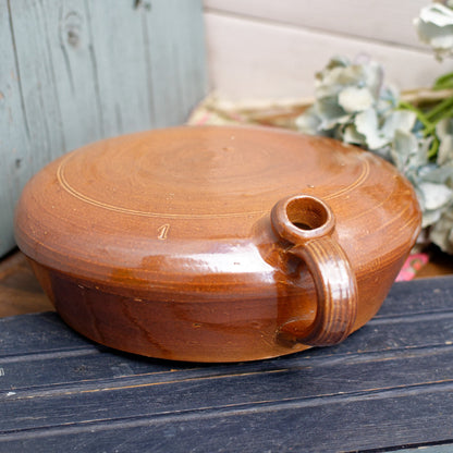 French Vintage Stoneware Round Flat Water Jug Glazed Stoneware Sandstone Terre Cuite