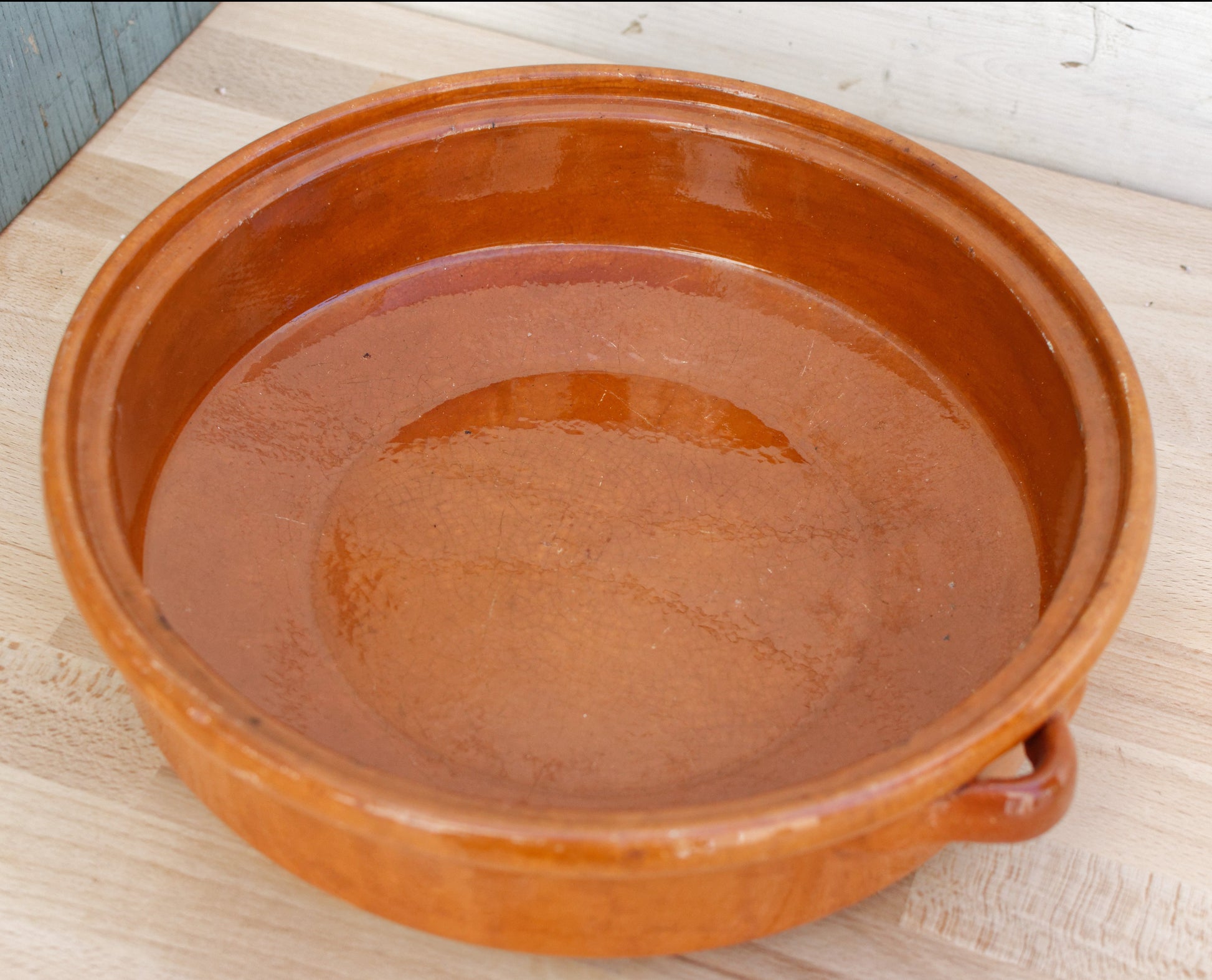 French Vintage glazed sandstone/enameled stoneware Flat Round Serving Casserole Dish Pan Bowl 