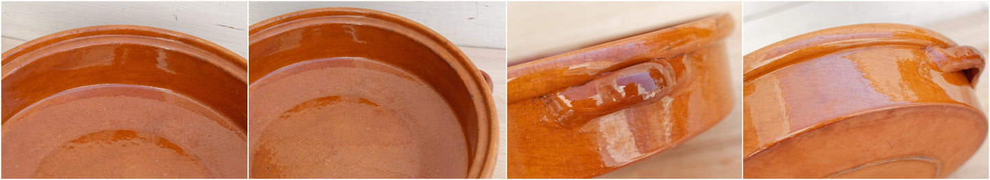 French Vintage glazed sandstone/enameled stoneware Flat Round Serving Casserole Dish Pan Bowl 