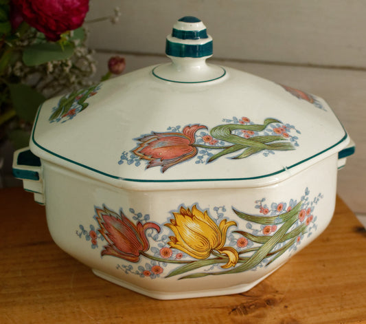 TULIPES Boch Freres (BF) La Louviere Belgian Antique Ironstone Polychrome Soup Tureen Soupiere Terre de Fer en Faience