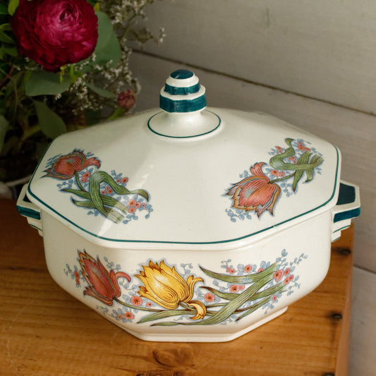 TULIPES Boch Freres (BF) La Louviere Belgian Antique Ironstone Polychrome Soup Tureen Soupiere Terre de Fer en Faience