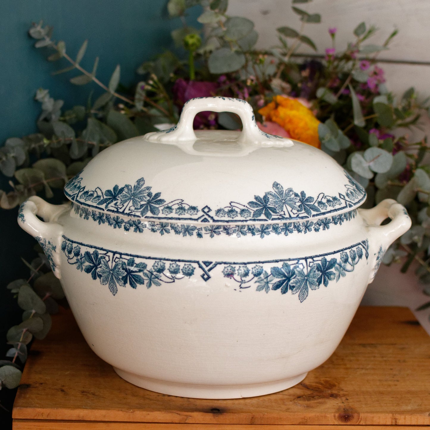 TUNIS motif LONGWY French Antique Ironstone Blue Transferware Soup Tureen Soupiere Terre de fer en Faience