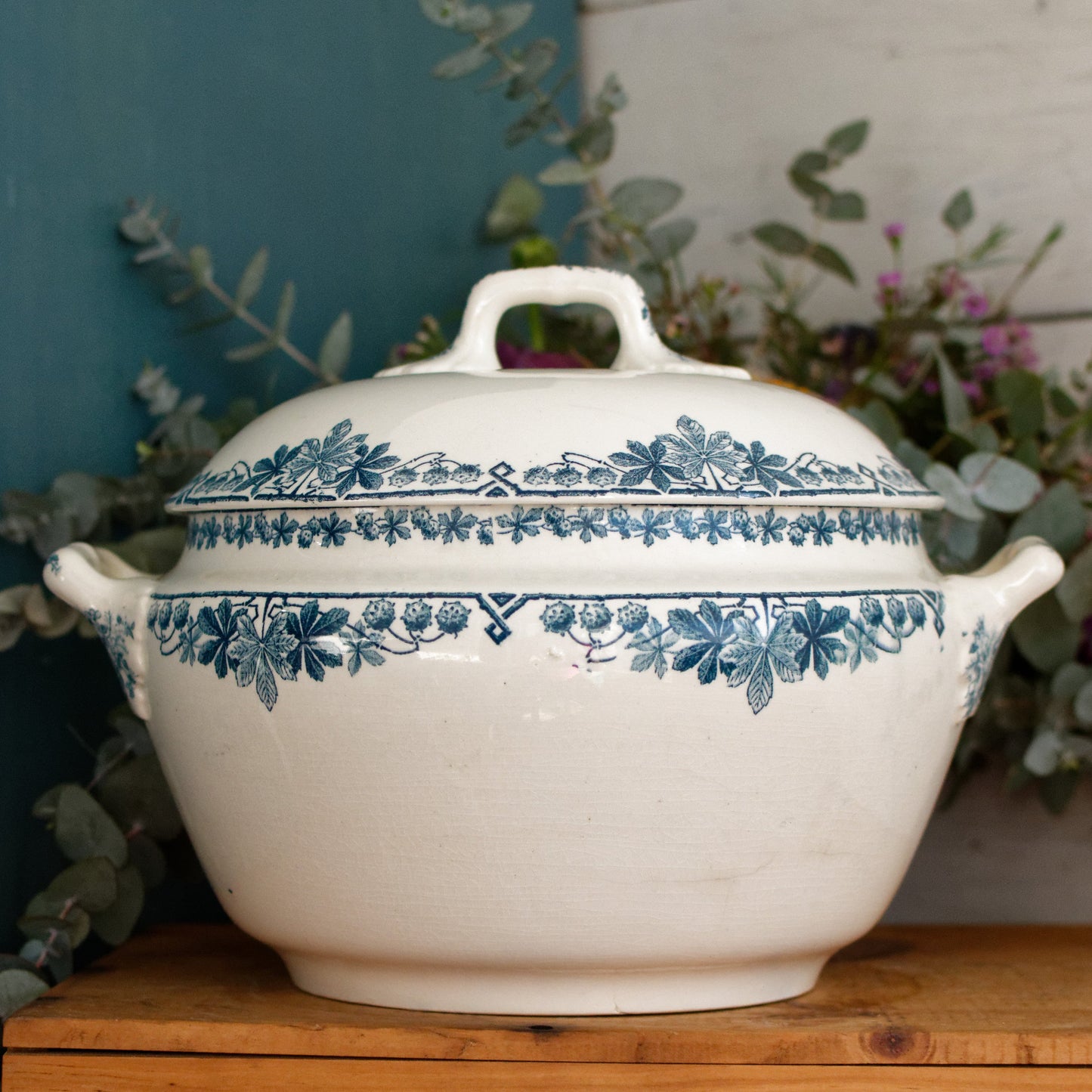 TUNIS motif LONGWY French Antique Ironstone Blue Transferware Soup Tureen Soupiere Terre de fer en Faience