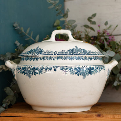 TUNIS motif LONGWY French Antique Ironstone Blue Transferware Soup Tureen Soupiere Terre de fer en Faience