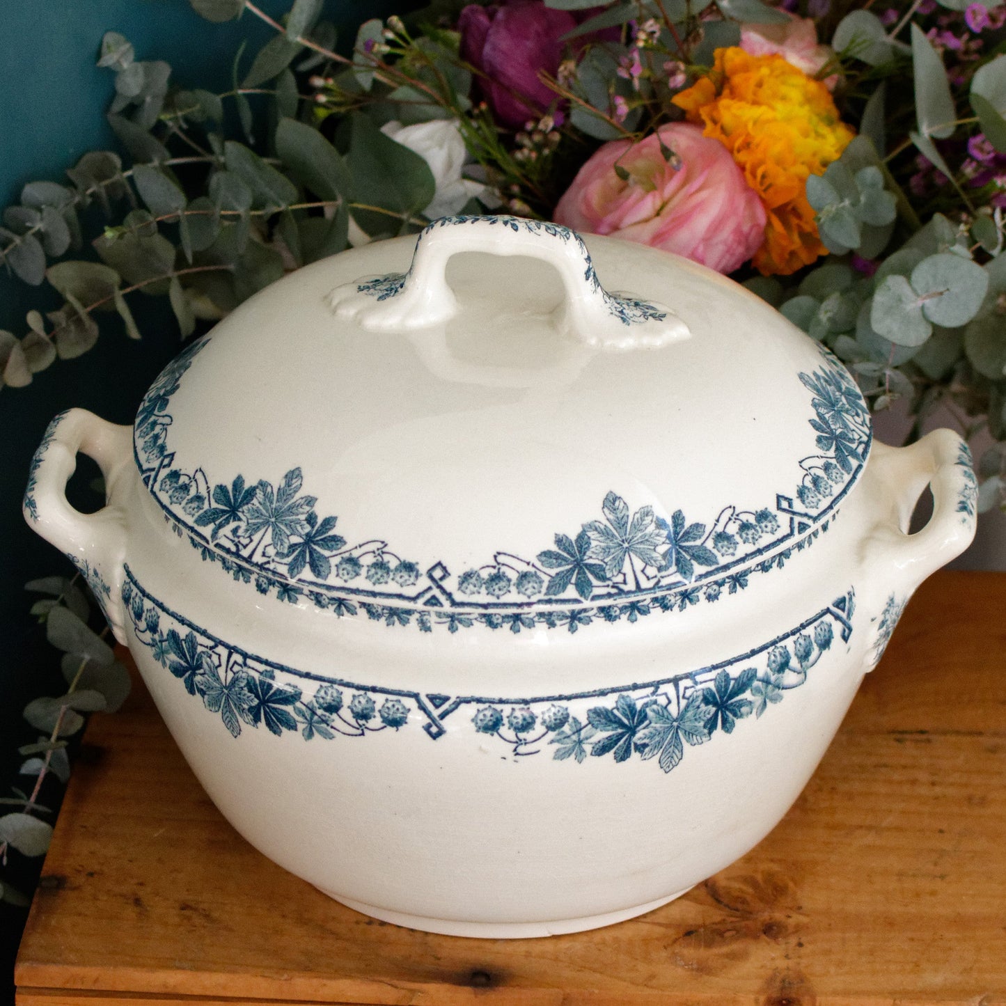 TUNIS motif LONGWY French Antique Ironstone Blue Transferware Soup Tureen Soupiere Terre de fer en Faience