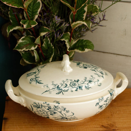 TUNIS SALINS French Antique Ironstone Blue Transferware Soup Tureen Soupiere Terre de fer en Faience