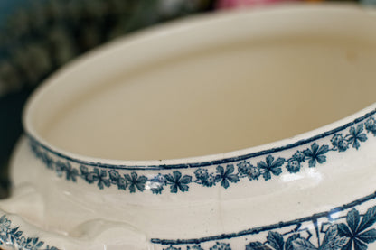 TUNIS motif LONGWY French Antique Ironstone Blue Transferware Soup Tureen Soupiere Terre de fer en Faience