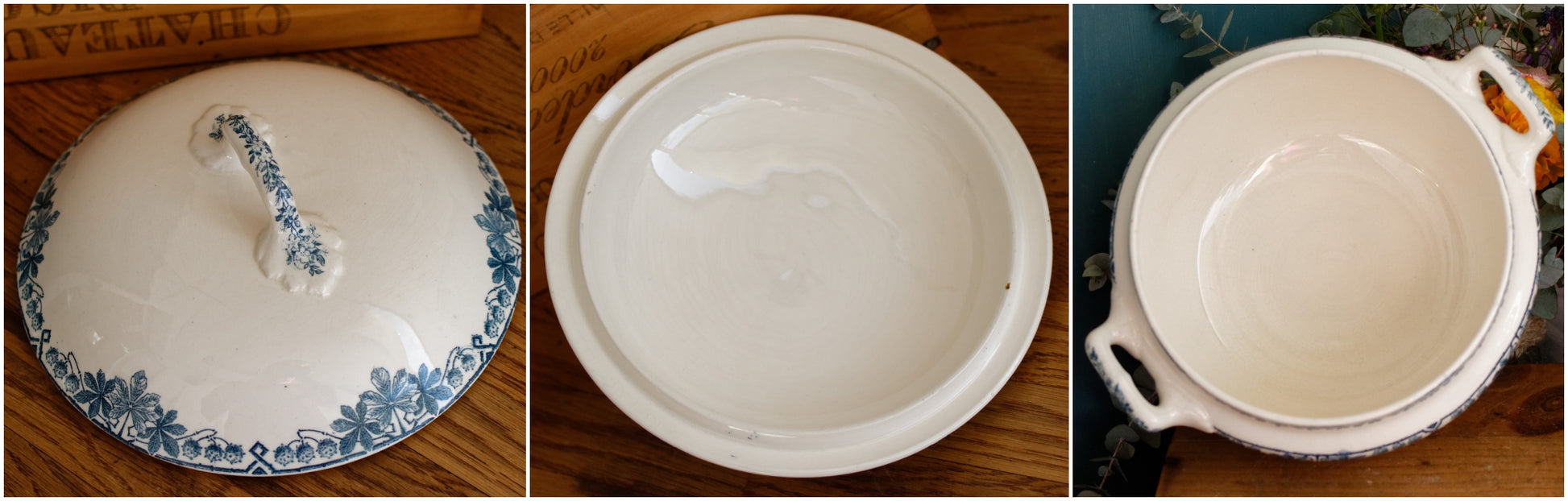 TUNIS motif LONGWY French Antique Ironstone Blue Transferware Soup Tureen Soupiere Terre de fer en Faience