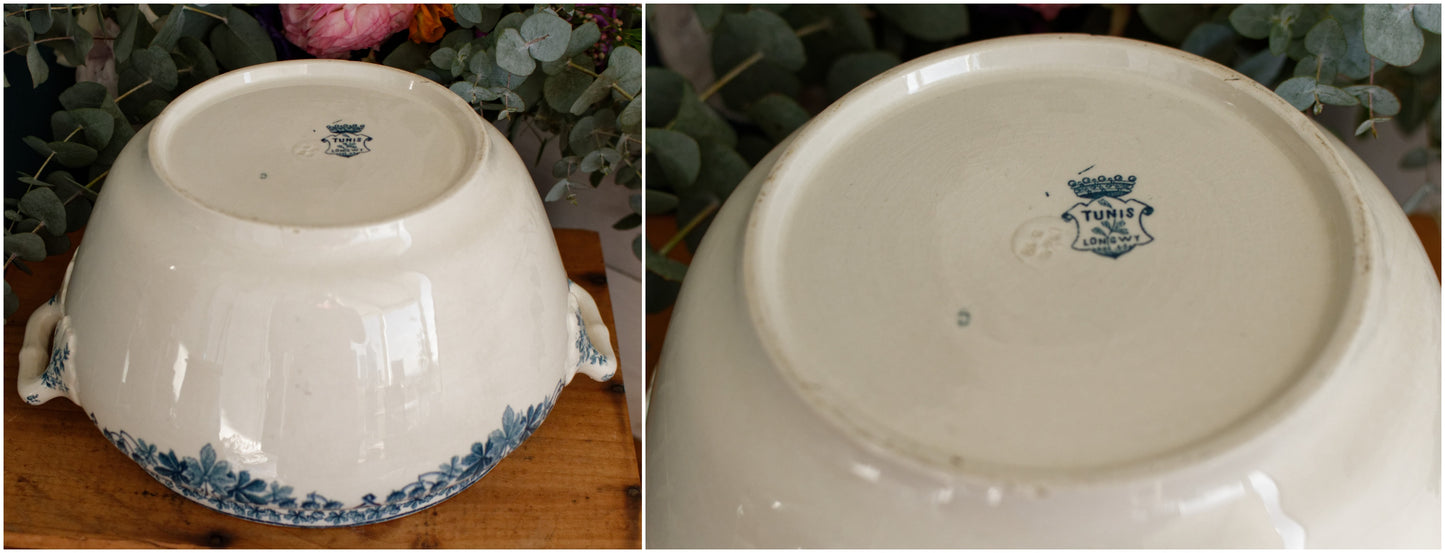 TUNIS motif LONGWY French Antique Ironstone Blue Transferware Soup Tureen Soupiere Terre de fer en Faience