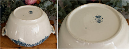 TUNIS motif LONGWY French Antique Ironstone Blue Transferware Soup Tureen Soupiere Terre de fer en Faience
