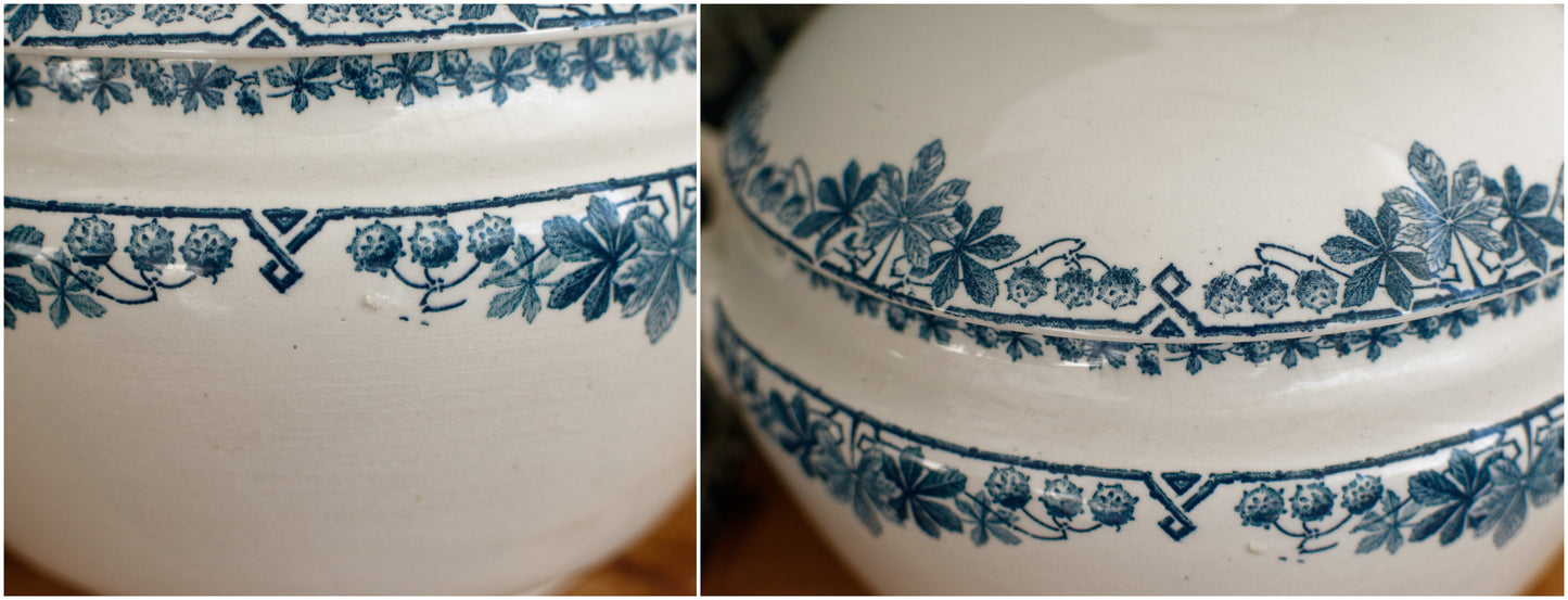 TUNIS motif LONGWY French Antique Ironstone Blue Transferware Soup Tureen Soupiere Terre de fer en Faience