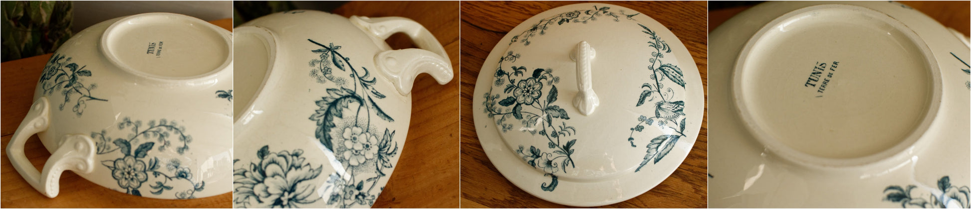 TUNIS SALINS French Antique Ironstone Blue Transferware Soup Tureen Soupiere Terre de fer en Faience
