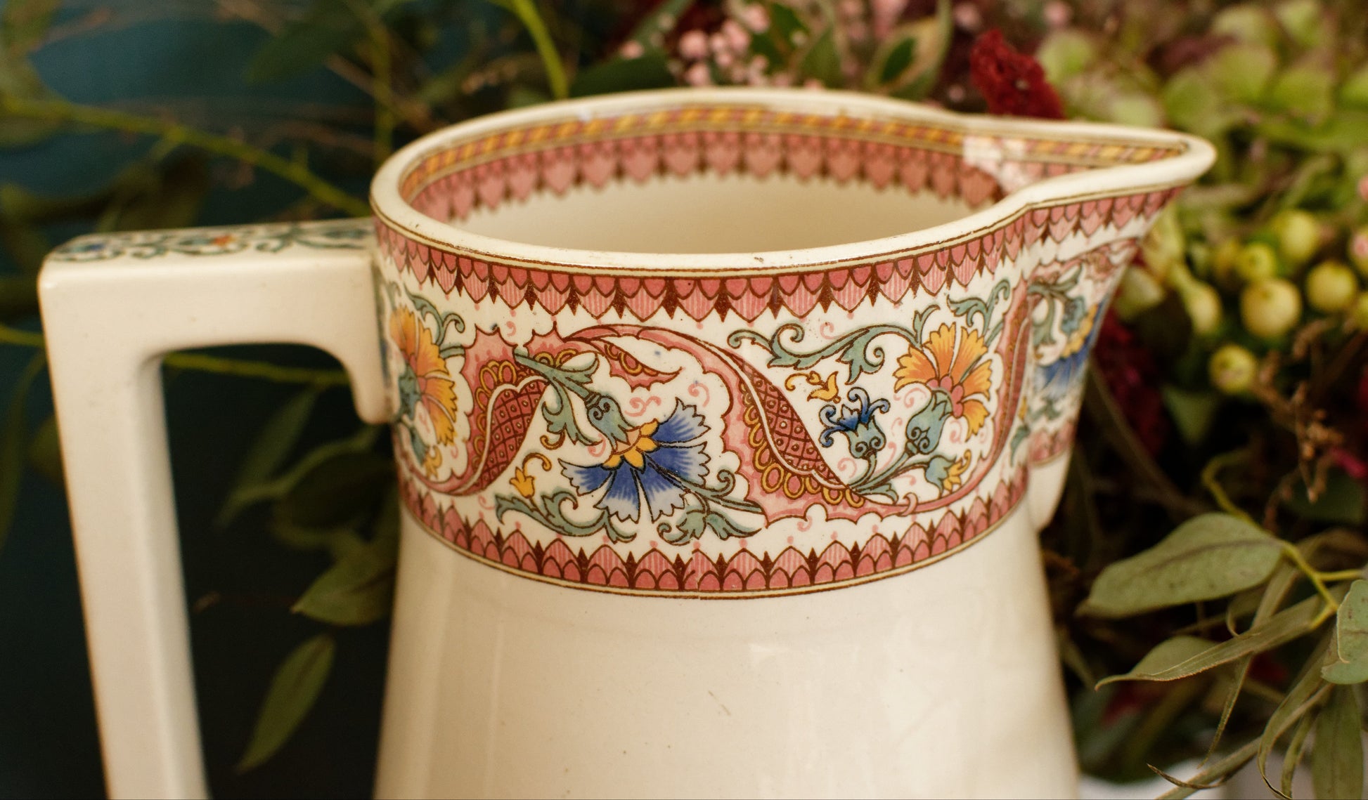 TEHRAN Sarreguemines U&C French Antique Ironstone Polychrome Bathroom Pitcher BROC ou Chambre Pot Terre de Fer en Faience